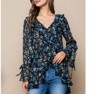 Sheer Ruffled Blue Floral Bell Sleeve Top